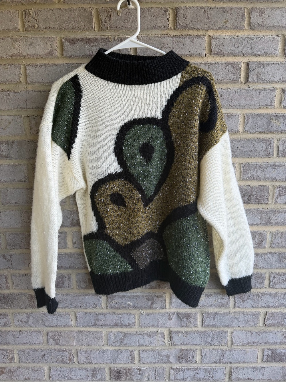 Vintage Ricki Abstract Geometric Chunky Knit Sweater Green White Wool Blend M